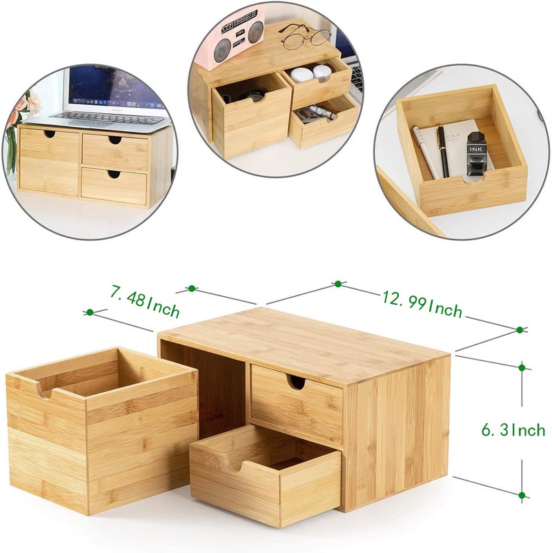 Wisuce Bamboo Desk Organizer - Mini Desktop Drawer Tabletop Storage Organization Box for Office Home Toiletries Supplies, No Assembly Required (3 Drawer with big drawer) - Image 5